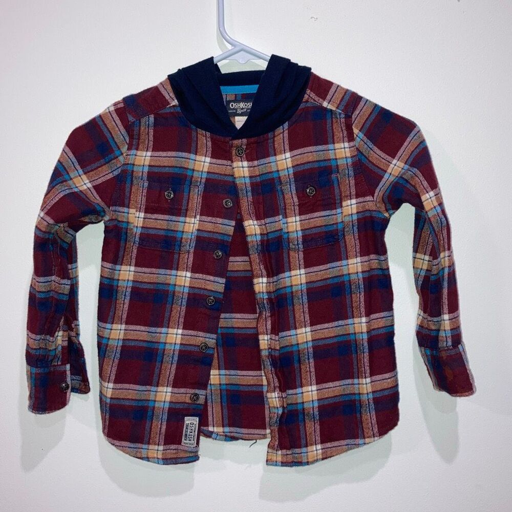 OshKosh B'gosh Boys Hooded Plaid Flannel Shirt Size 5 Red Blue Button Front